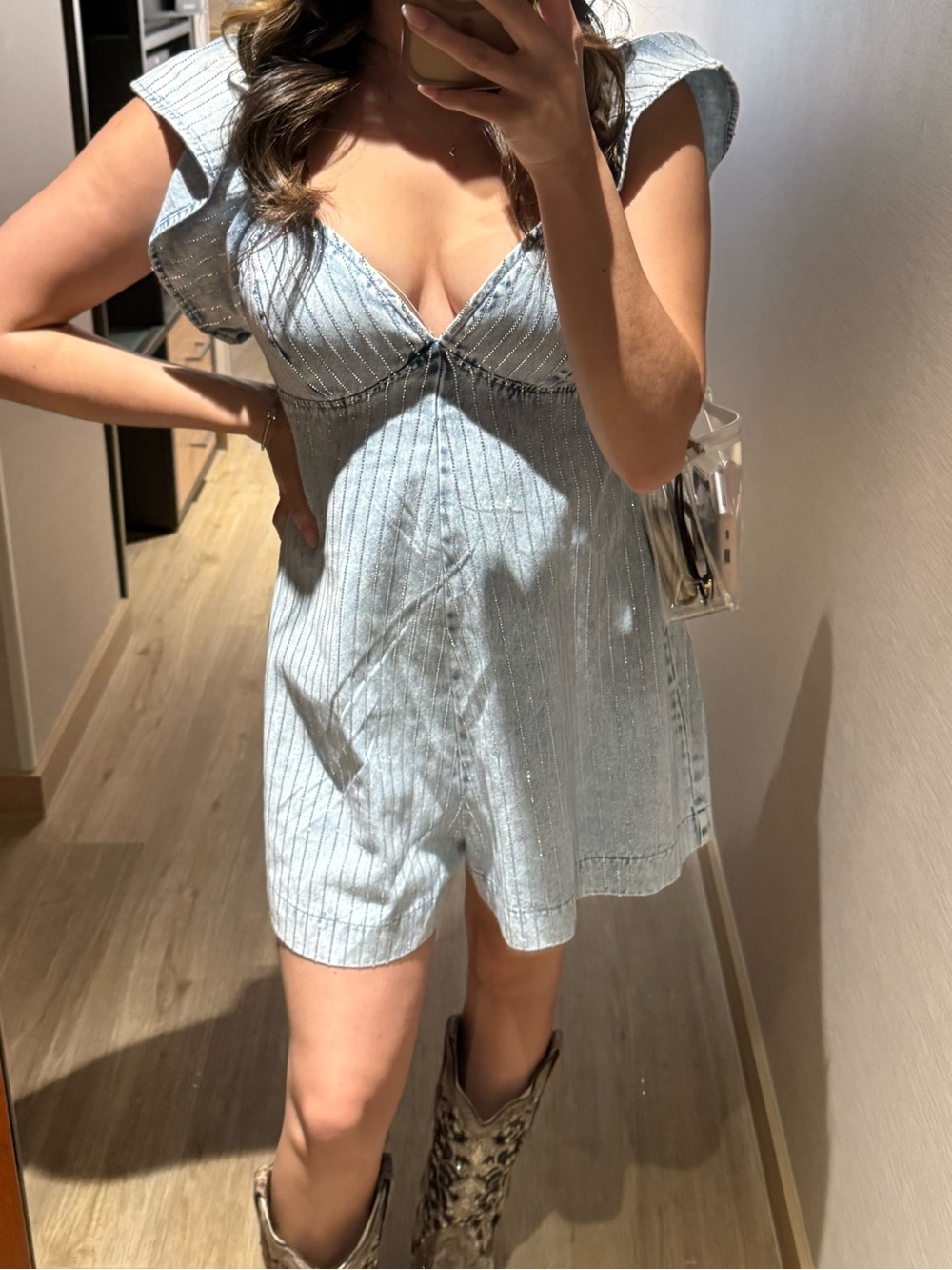 Sleeveless Denim Rhinestone Romper with V-Neck